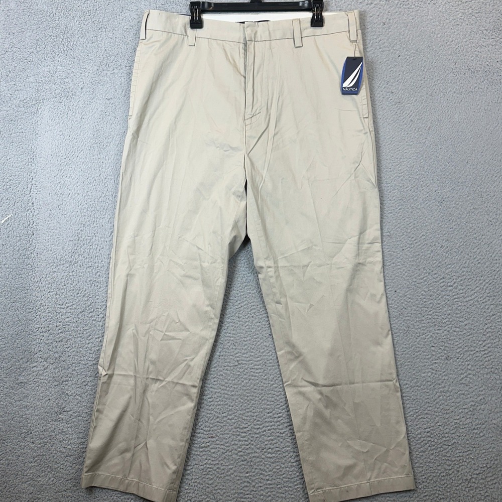NEW Nautica Pants Mens 38X30 True Stone Beige Chino Khaki Flat Front Straight